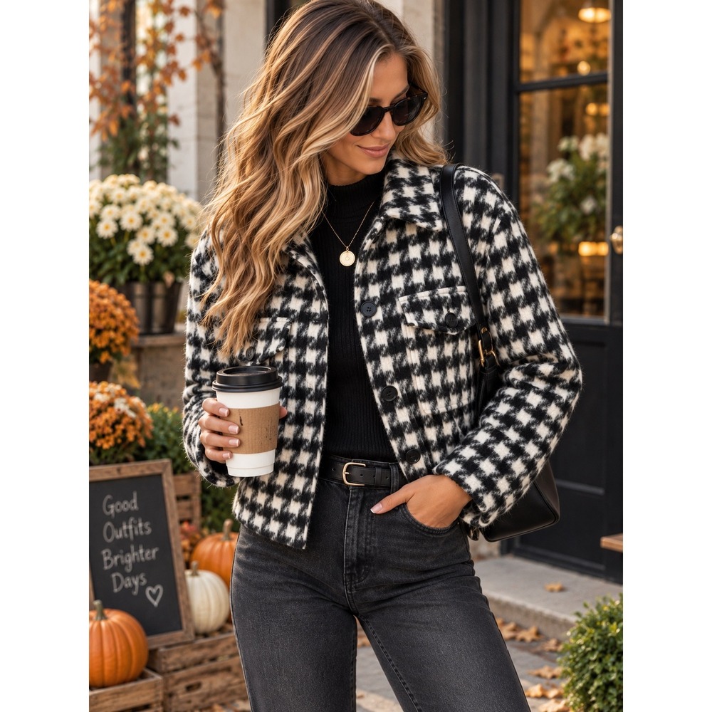 Sanctuary Small Black White Houndstooth Wool Blend Cropped Shacket Jacket Coat